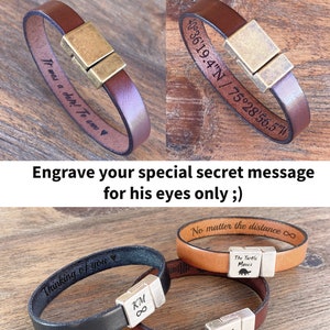 Mens Leather Bracelet, Boyfriend Gift, Mens Bracelet, Engraved Bracelet, Personalized Gift,Boyfriend Valentines Gift,Hidden Message Bracelet image 5