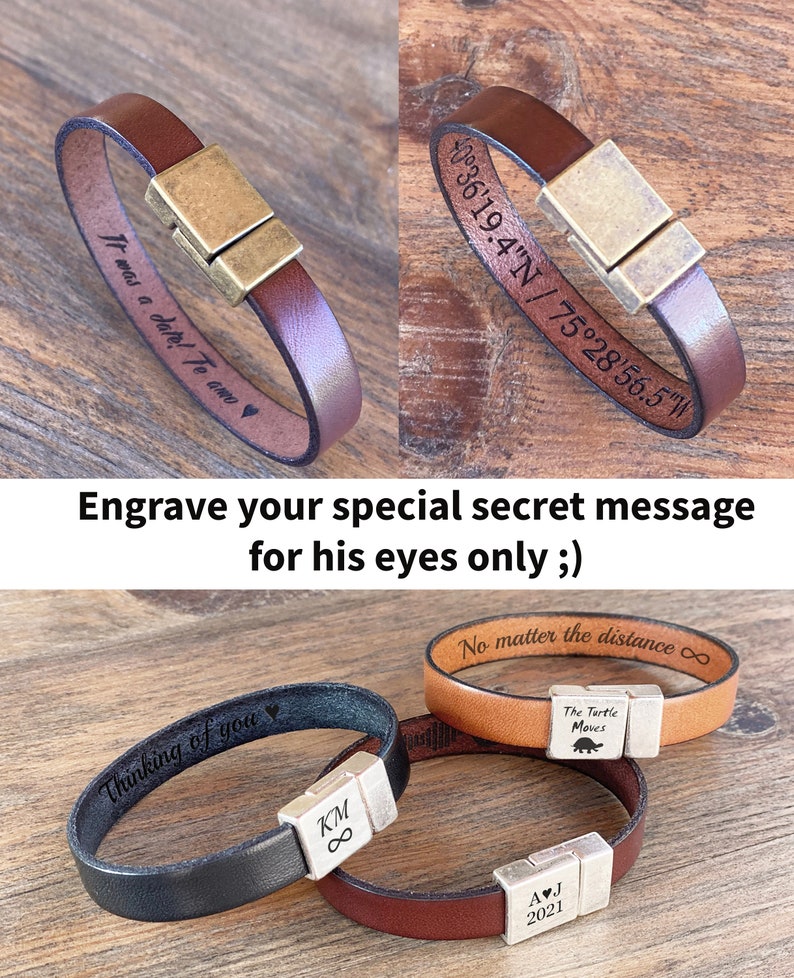 Mens Leather Bracelet, Boyfriend Gift, Mens Bracelet, Engraved Bracelet, Personalized Gift,Boyfriend Valentines Gift,Hidden Message Bracelet image 5