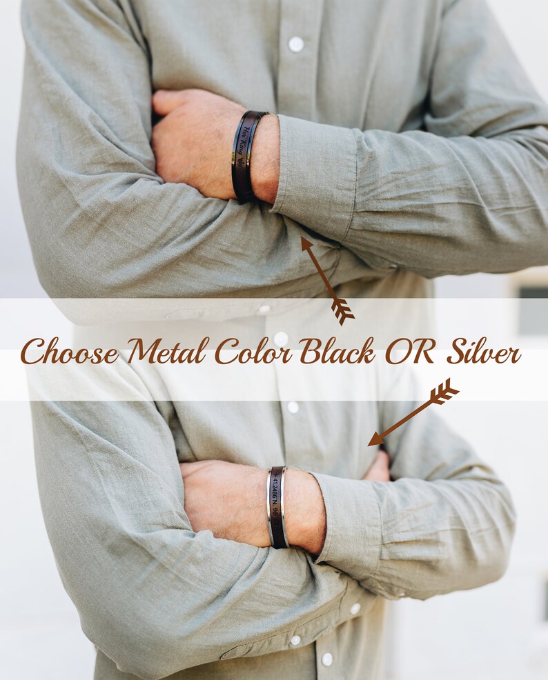 May include: Black and silver metal bracelets with engraved text are shown. The image text says "Choose Metal Color Black OR Silver". The bracelets are worn on a person's wrist, with the arms crossed.