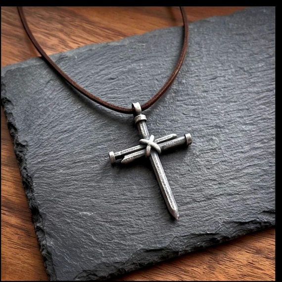 Nail Cross Necklace - Personalized Leather Cord Necklace for Men - Christian Gift for Him - Faith Keepsake