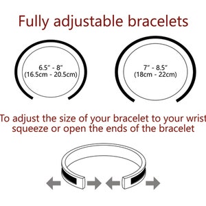 May include: Two adjustable bracelets, one measuring 6.5 to 8 inches (16.5 to 20.5 cm) and the other measuring 7 to 8.5 inches (18 to 22 cm). The bracelets are shown open, with arrows indicating how to adjust the size by squeezing or opening the ends.