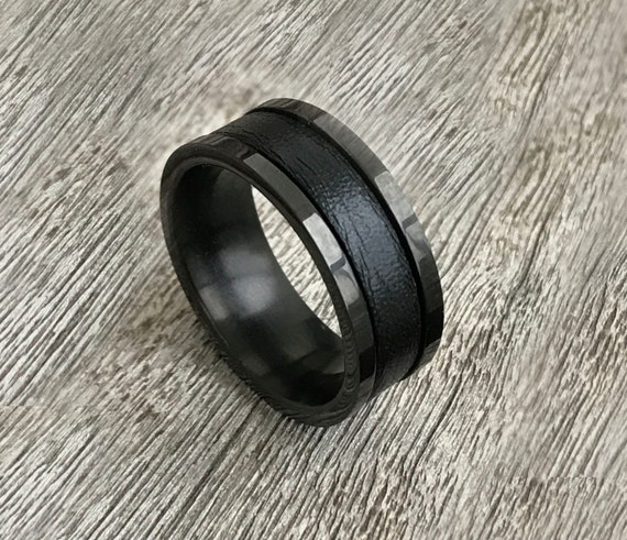 Personalized Mens Ring Engagement Ring Promise Ring For Him Leather  Anniversary Gift Custom Mens Band Black Ring Engraved Gift for Husband