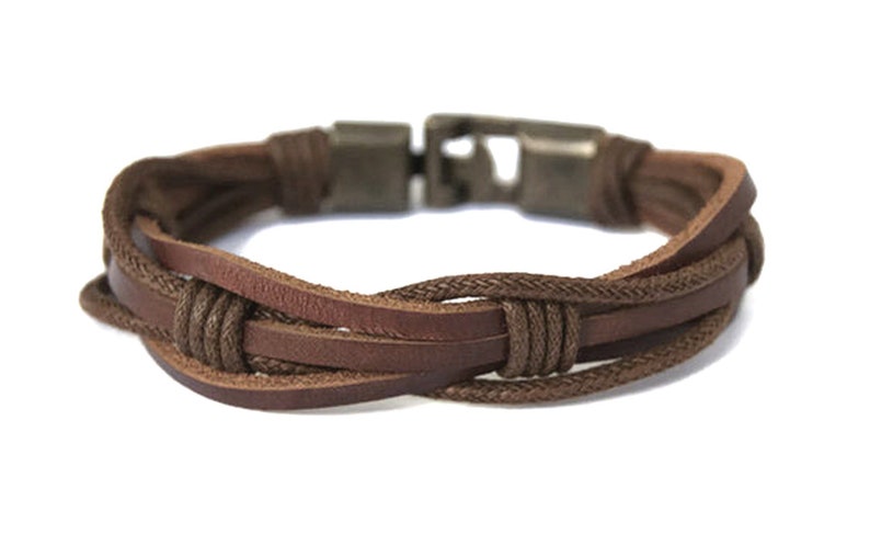 Mens Leather Bracelet for Men Fathers Day Gift for Husband Birthday Gift for Dad Rustic Brown Braided Leather Bracelet Mens Jewelry Casual image 2
