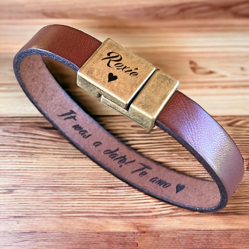 Leather Bracelet for Men Personalized Boyfriend Gifts Engraved Fathers Day Gift for Him Hidden Message Wristband 3 year Anniversary Gift image 3