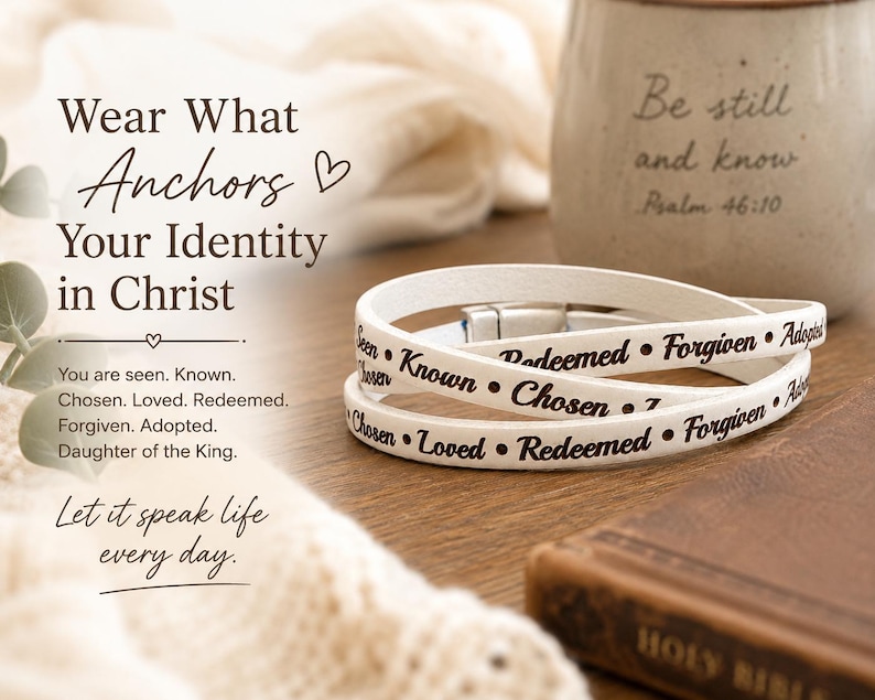 Puede incluir: Una pulsera envolvente blanca con texto negro que dice: Seen, Known, Chosen, Loved, Redeemed, Forgiven, Adopted. La pulsera tiene un cierre de metal plateado y se muestra junto a una taza con el texto Be still and know Psalm 46:10.