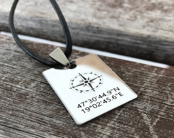 Engraved Necklace for Men Personalized, Boyfriend Leather Necklace, Mens Gift, Coordinate Necklace for Him, Travel Gift, Fathers Day Gift,