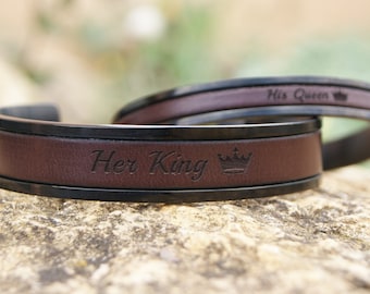 His Queen Her King Couples Leather Bracelet Set Personalized Wedding 3rd Anniversary Gift Matching Bracelets for Couple Engagement Gift