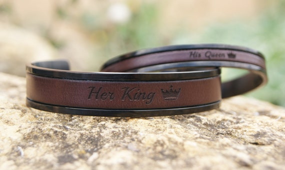 His Queen Her King Couples Leather Bracelet Set Personalized