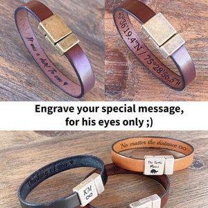 Leather Bracelet for Men Personalized Boyfriend Gifts Engraved Fathers Day Gift for Him Hidden Message Wristband 3 year Anniversary Gift image 4
