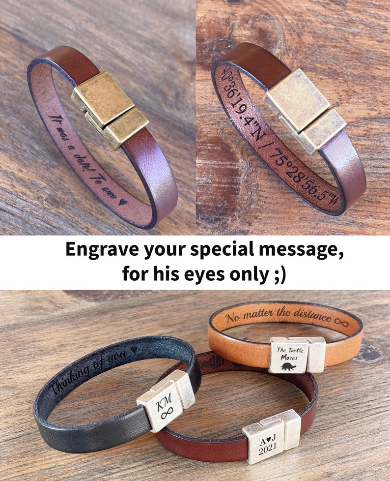 Leather Bracelet for Men Personalized Boyfriend Gifts Engraved Fathers Day Gift for Him Hidden Message Wristband 3 year Anniversary Gift image 4