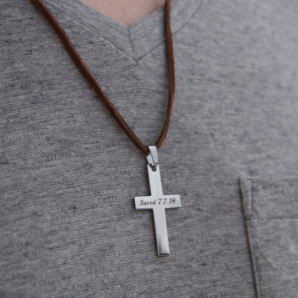 Lederkette für Männer Personalisiertes Geschenk für Papa Kreuz Halskette Leder lange Halskette Taufe Geschenk für Männer individuell personalisiert