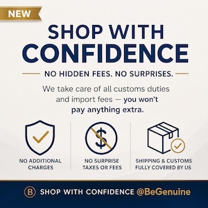 Może przedstawiać: Kwadratowa grafika ze złotym banerem z napisem NEW. Tekst brzmi SHOP WITH CONFIDENCE, NO HIDDEN FEES. NO SURPRISES. We take care of all customs duties and import fees. Ikony przedstawiają tarczę, przekreślony znak dolara oraz paczkę.