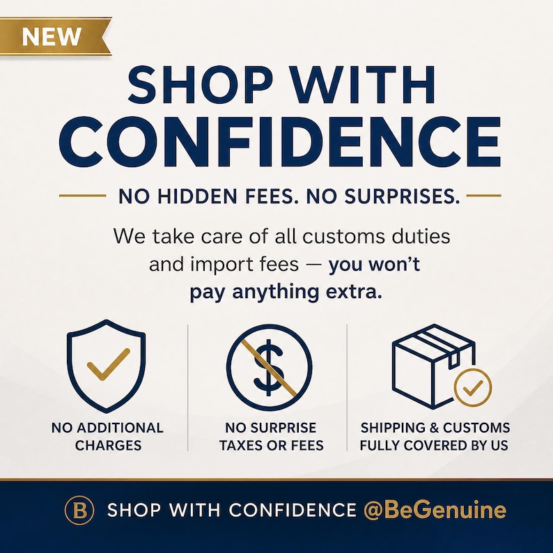 Może przedstawiać: Kwadratowa grafika ze złotym banerem z napisem NEW. Tekst brzmi SHOP WITH CONFIDENCE, NO HIDDEN FEES. NO SURPRISES. We take care of all customs duties and import fees. Ikony przedstawiają tarczę, przekreślony znak dolara oraz paczkę.