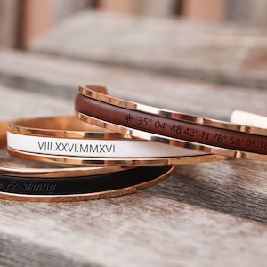 Personalized Cuff Bracelet Custom Date Bracelet Roman Numerals Custom Name Rose Gold Bracelet Nameplate Coordinate Bracelet Bridesmaid Gift