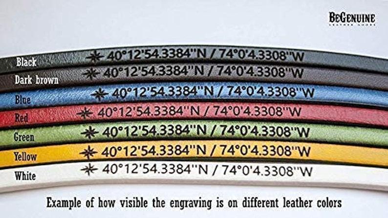 May include: A close-up of seven leather strips in different colors, each with the same text engraved on them: "40&deg;12'54.3384"N / 74&deg;0'4.3308"W". The colors are black, dark brown, blue, red, green, yellow, and white. The text is visible on each color, but the visibility varies depending on the color of the leather.