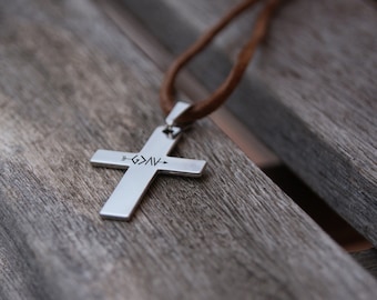 Mens Cross Necklace Personalized, Leather Long Necklace, Baptism Gift Godfather Gift, Bible Verse Necklace with Cross, Easter Gift for Him