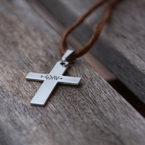 Mens Cross Necklace Personalized, Leather Long Necklace, Baptism Gift Godfather Gift, Bible Verse Necklace with Cross, Easter Gift for Him