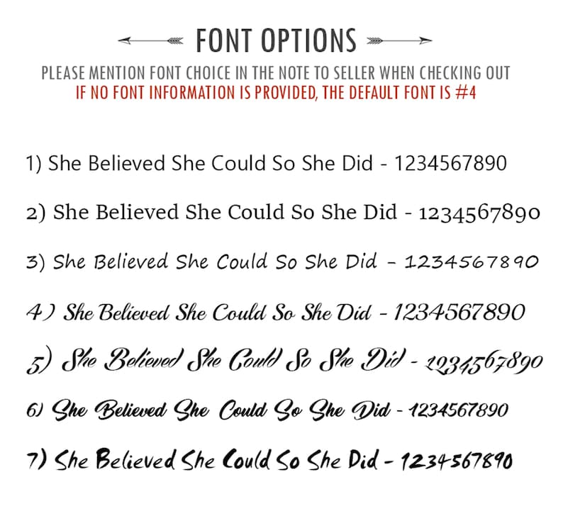 May include: Seven different font options for a quote that reads "She Believed She Could So She Did" with the numbers 1234567890 displayed next to each font.