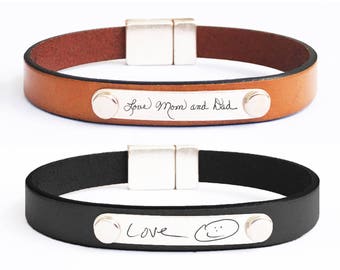Custom Handwriting Bracelet Signature Bracelet Memorial Jewelry Personalized Leather Bracelet Engraved Handwriting Fathers Day Gift for Dad