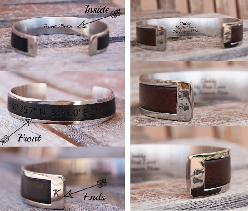 May include: A silver cuff bracelet with black leather detailing. The inside is engraved with "Forever Always". The front of the bracelet features engraved coordinates. The ends of the bracelet have the letter "K" engraved.