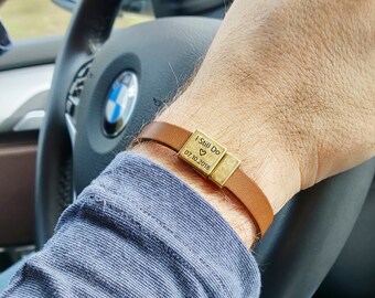 3rd Anniversary Gift for Husband Leather Anniversary Gift for Husband Mens Leather Bracelet Personalized Custom Cuff Hidden Message Bracelet