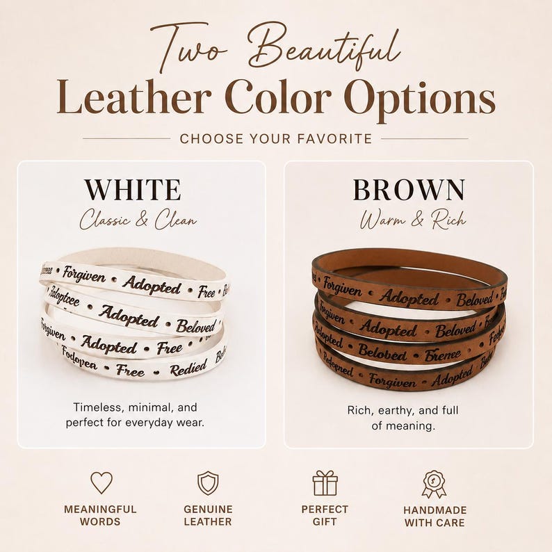 Puede incluir: Dos pulseras de cuero mostradas en opciones de color blanco y marr&oacute;n. Cada pulsera presenta texto grabado que incluye palabras como Forgiven, Adopted, Beloved y Free. La imagen incluye el texto Two Beautiful Leather Color Options, White, Brown e iconos de palabras significativas, cuero genuino, un regalo y art&iacute;culos hechos a mano.