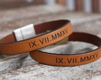 Matching Leather Bracelets for Couple Personalized Roman Numeral Bracelets Set of Two Long Distance Gift for Couple Engraved Bracelets