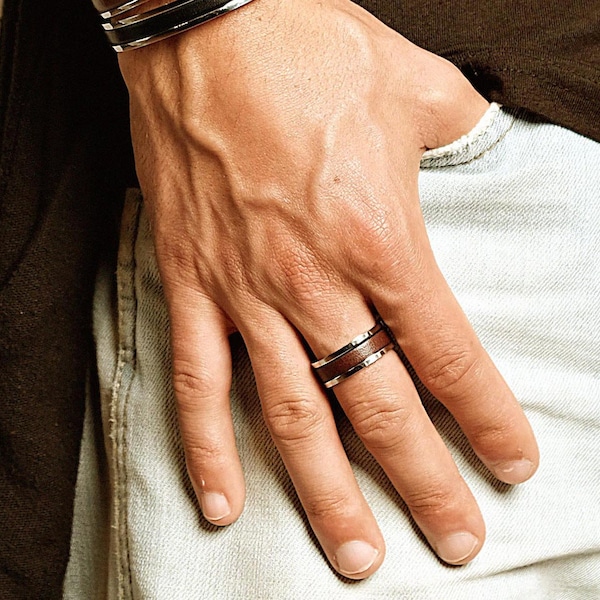 Customizable Mens Ring Personalized Wedding Gift Male Rings Leather Ring Husband Birthday Gift Mens Ring Anniversary gift for him Mens Gift