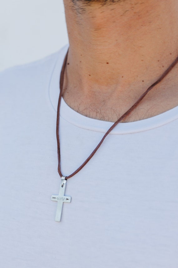 Wooden Cross Necklace On Leather Cord For Men Pendant In Black Brown Tone  Jesus Christ Lord Prayer Jewelry