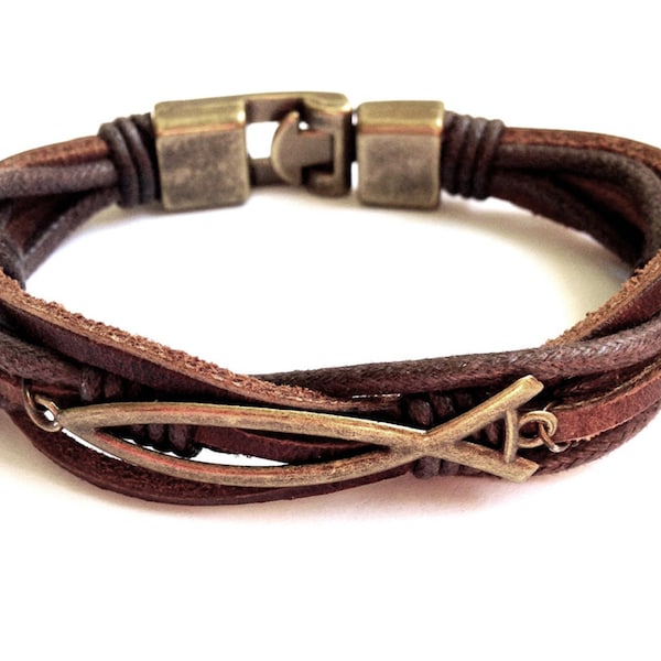 Leather Bracelet Men Gift Faith Ichthys Bracelet Christian Fish Leather Bracelet Mens Braided Bracelet Jewelry Mens Jewelry Gift for Him