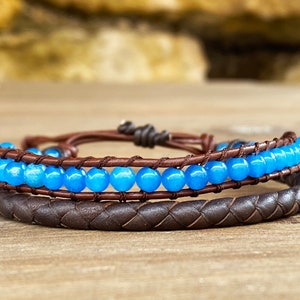 Mens Bracelet, Beads and Leather Bracelet for Men, 3rd Anniversary Leather Gift for Him, Mens Jewelry, Mens bracelet braided leather, Beaded
