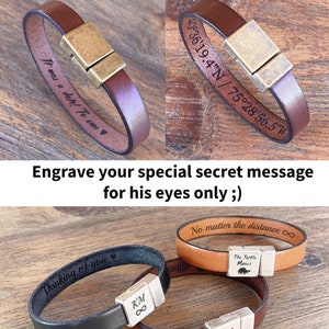 1 Year Anniversary Gift for Boyfriend Personalized Gifts Mens Leather Bracelet Custom Engraved Bracelet Hidden Message Mens Christmas Gift image 4