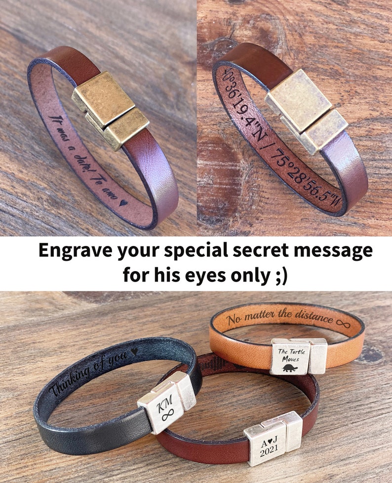 1 Year Anniversary Gift for Boyfriend Personalized Gifts Mens Leather Bracelet Custom Engraved Bracelet Hidden Message Mens Christmas Gift image 4