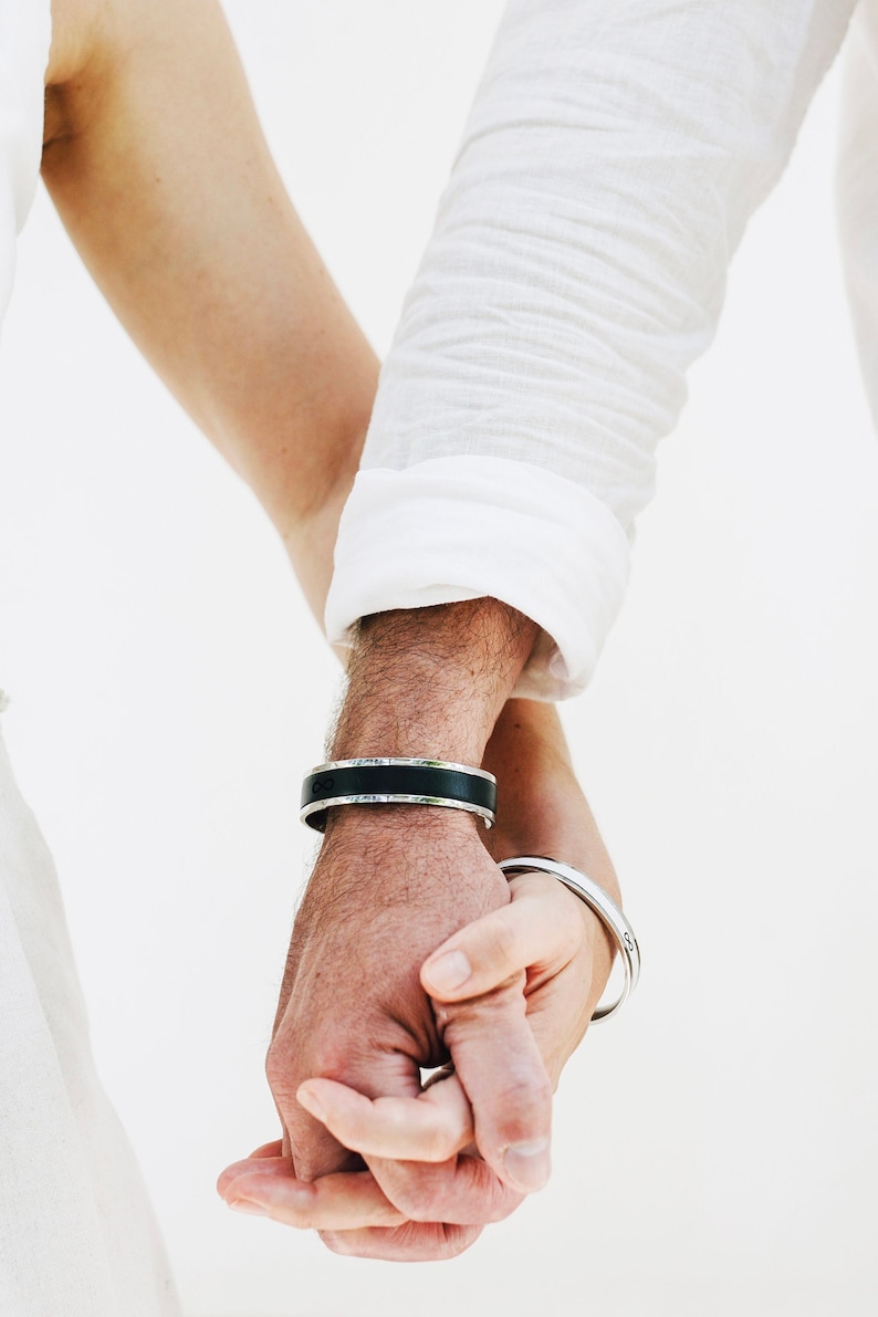 25th Anniversary Gift for couple, custom engraved matching bracelets, stainless steel color resembles silver, making it a suitable modern alternative for the 25th anniversary, which is traditionally celebrated with silver gifts