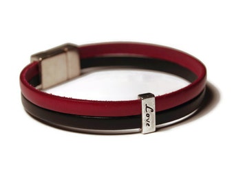 Moederdagcadeau aangepaste leren armband voor dames - rode en zwarte dunne leren armband jubileumcadeau voor haar Cadeau-ideeën voor haar - Liefde