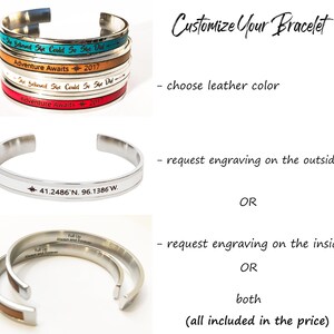 May include: A silver bracelet with a leather band. The bracelet can be customized with an engraving on the outside, inside, or both. The engraving can include text or coordinates. The bracelet is shown with different leather colors and engravings.