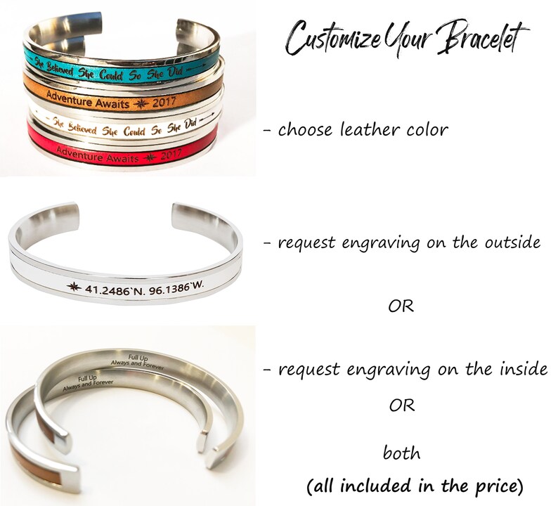 May include: A silver bracelet with a leather band. The bracelet can be customized with an engraving on the outside, inside, or both. The engraving can include text or coordinates. The bracelet is shown with different leather colors and engravings.