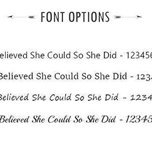 May include: Four font options for the text "She Believed She Could So She Did" with the numbers 1234567890 below each option.