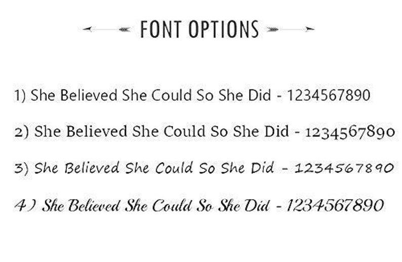 May include: Four font options for the text "She Believed She Could So She Did" with the numbers 1234567890 below each option.