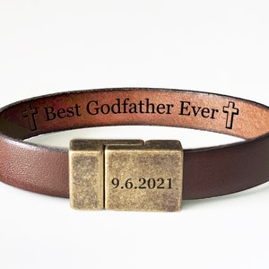 Godfather Gift For Godfather Cross Engraved Leather Bracelet Personalized Godparent Gift Baptism Gift