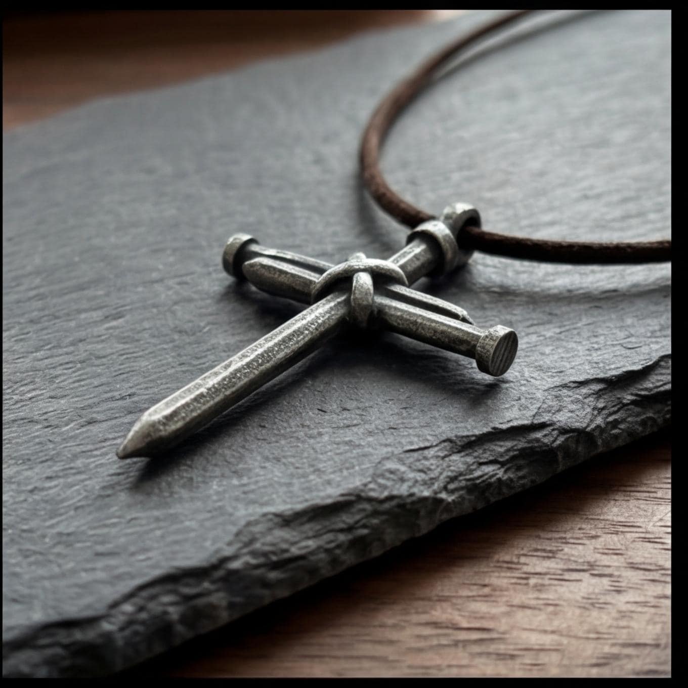 Mens Cross Necklace Leather Cord, Nail Cross Pendant, Rustic