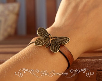 Bracelet papillon Femmes Bracelet en cuir - Faveur de mariage rustique - Bijoux Boho - Idée cadeau de demoiselle d’honneur - Cadeau d’anniversaire Petite amie