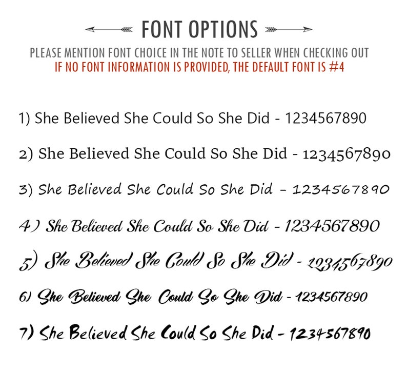 Op de afbeelding: Zeven verschillende lettertypen voor een citaat dat "She Believed She Could So She Did" luidt, met de nummers 1234567890 die naast elk lettertype worden weergegeven.