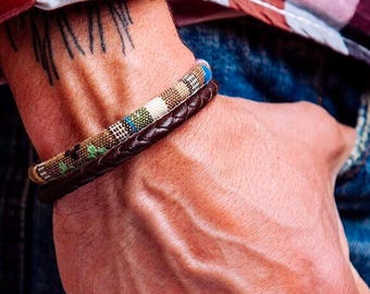Custom Mens Leather Bracelet, Fathers day Gift, Gift For Dad, Braided Leather Wristband, Woven Rope Bangle, Gift for Boyfriend