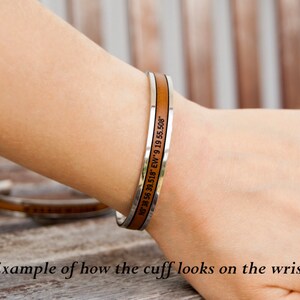 Brown leather cuff bracelet with stainless steel band. A leather cuff bracelet with a stainless steel band with Morse code engraved. Stainless steel adjustable bracelet with custom morse code engraved makes meaningful long distance relationship gift for boyfriend or girlfriend.