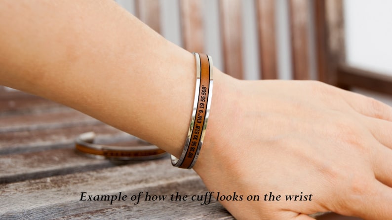 Brown leather cuff bracelet with stainless steel band. A leather cuff bracelet with a stainless steel band with Morse code engraved. Stainless steel adjustable bracelet with custom morse code engraved makes meaningful long distance relationship gift for boyfriend or girlfriend.
