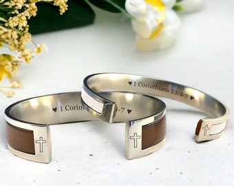 Christian Wedding Gift, 1 corinthians 13 Verse Engraved, Personalized Christian Marriage Gift,Cross Bracelets for Couples,Matching Bracelets