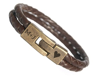 Woven Leather Bracelet, Personalized Bronze Clasp, Mens Wristband, Gift for Boyfriend