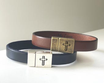 Engraved Leather Cross Bracelet, Personalized Godfather Baptism Gift