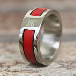 Personalized Firefighter Gift Firefighter Wife Firefighter Girlfriend Firefighter Personalized Wedding Fireman gift Red Stainless Steel Ring image 1